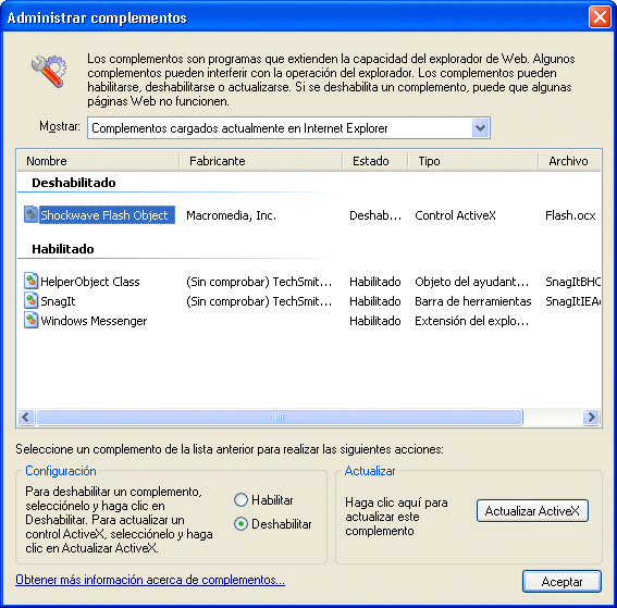 Finestra di dialogo Gestione componenti aggiuntivi